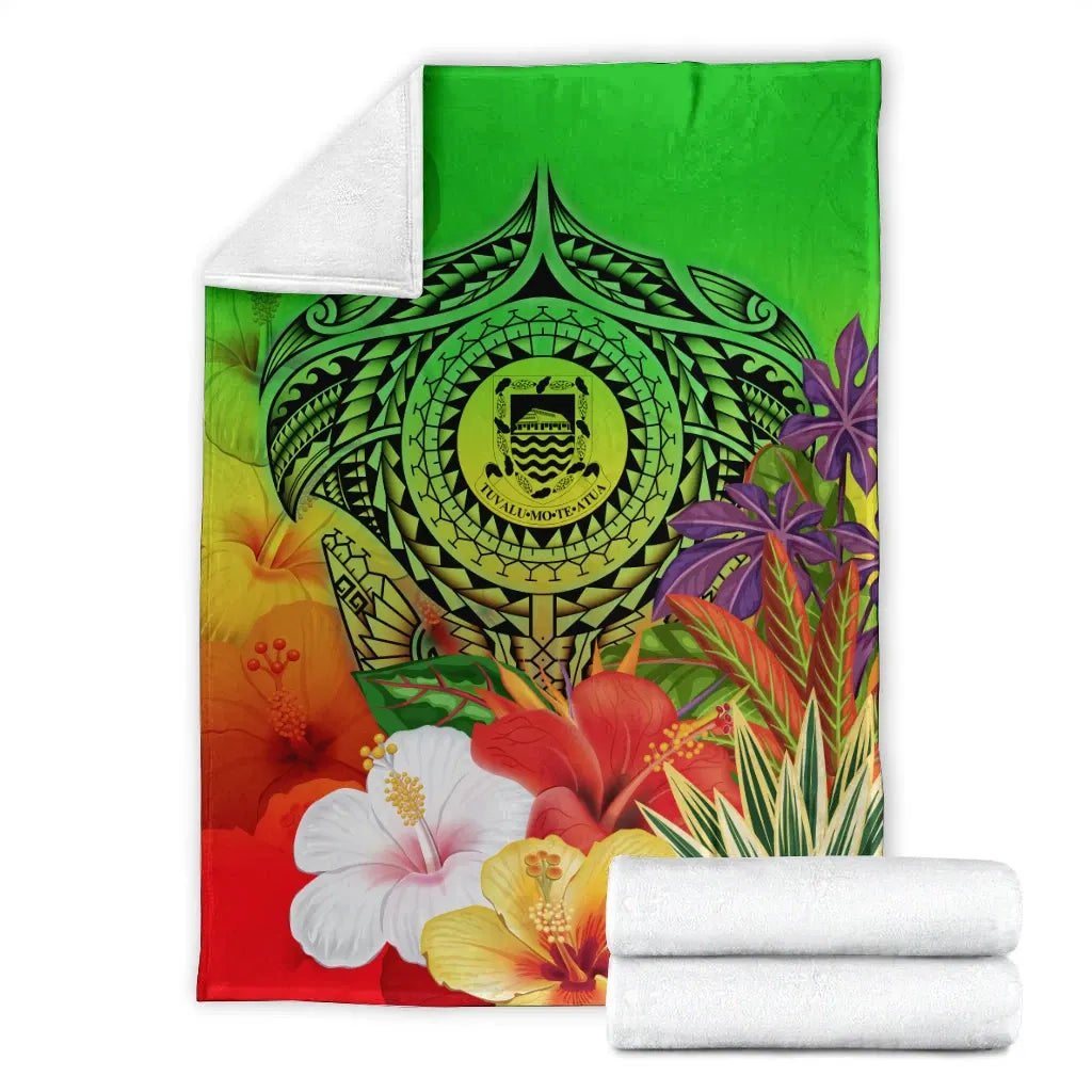 Tuvalu Premium Blanket - Manta Ray Tropical Flowers (Green)
