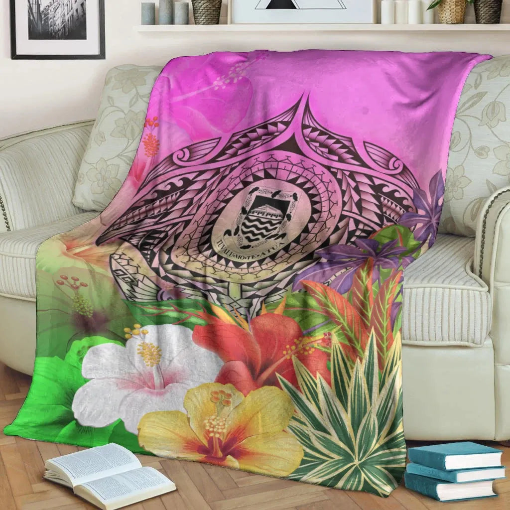 Tuvalu Premium Blanket - Manta Ray Tropical Flowers