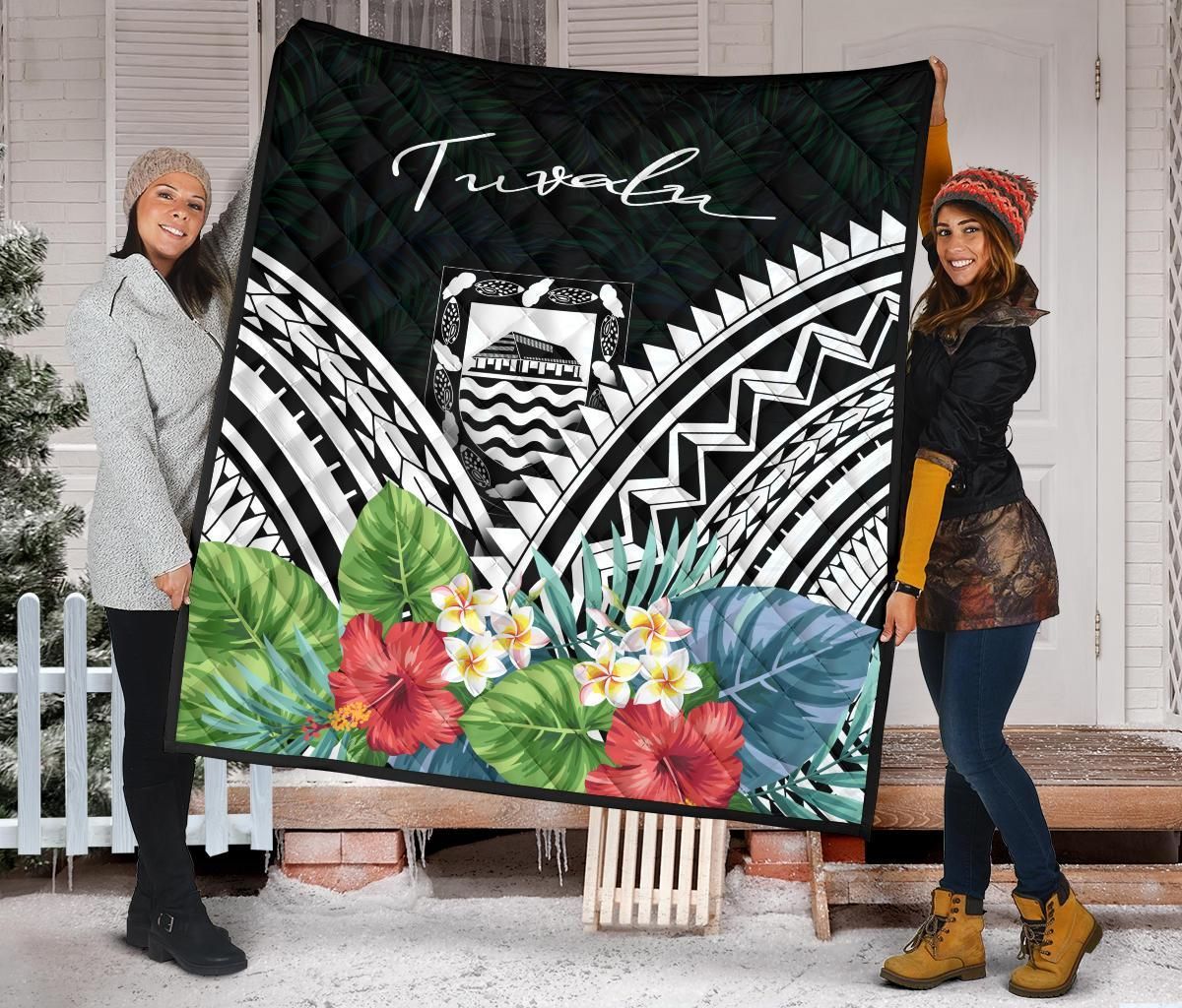 Tuvalu Premium Quilt - Tuvalu Coat of Arms & Polynesian Tropical Flowers White