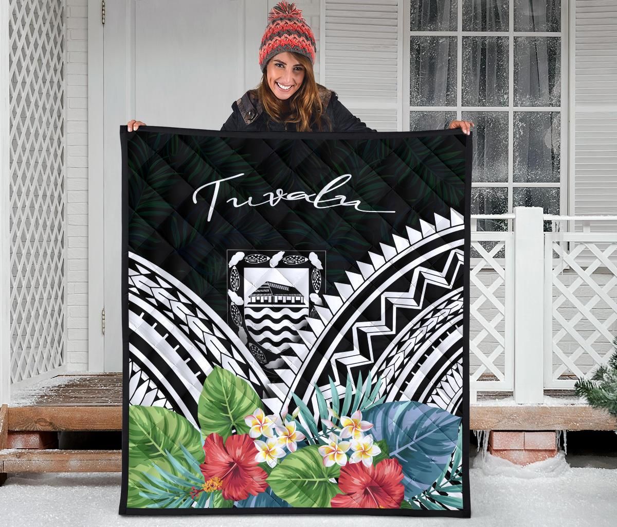 Tuvalu Premium Quilt - Tuvalu Coat of Arms & Polynesian Tropical Flowers White