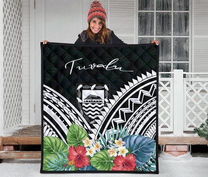 Tuvalu Premium Quilt - Tuvalu Coat of Arms & Polynesian Tropical Flowers White