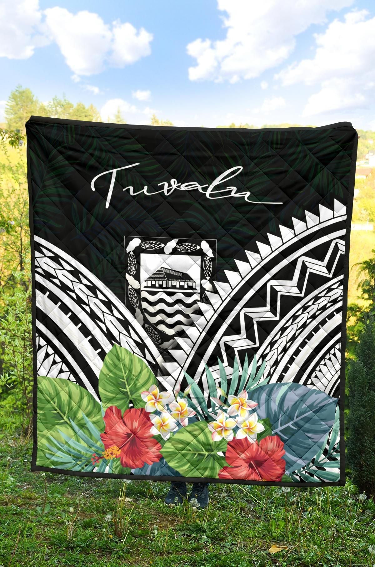 Tuvalu Premium Quilt - Tuvalu Coat of Arms & Polynesian Tropical Flowers White