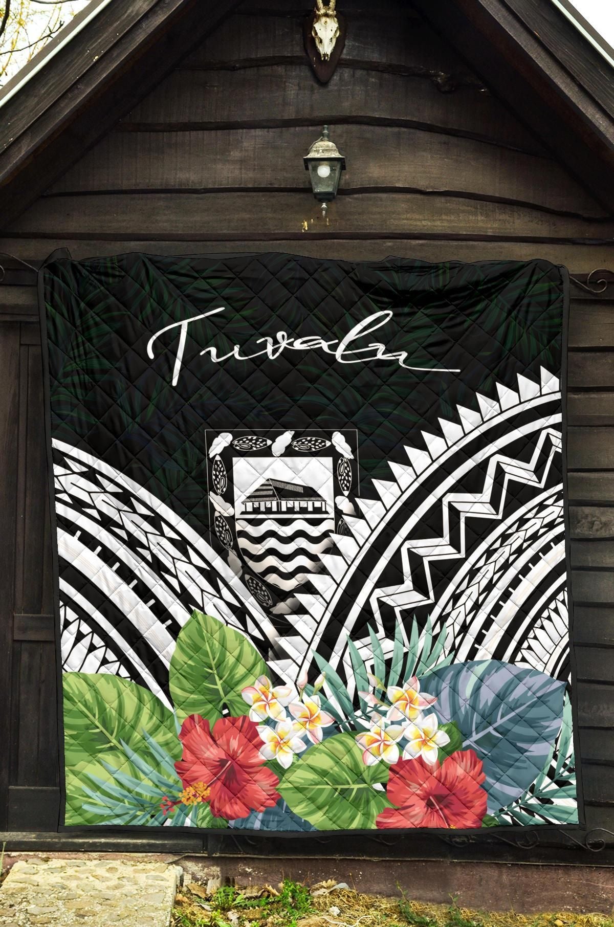 Tuvalu Premium Quilt - Tuvalu Coat of Arms & Polynesian Tropical Flowers White