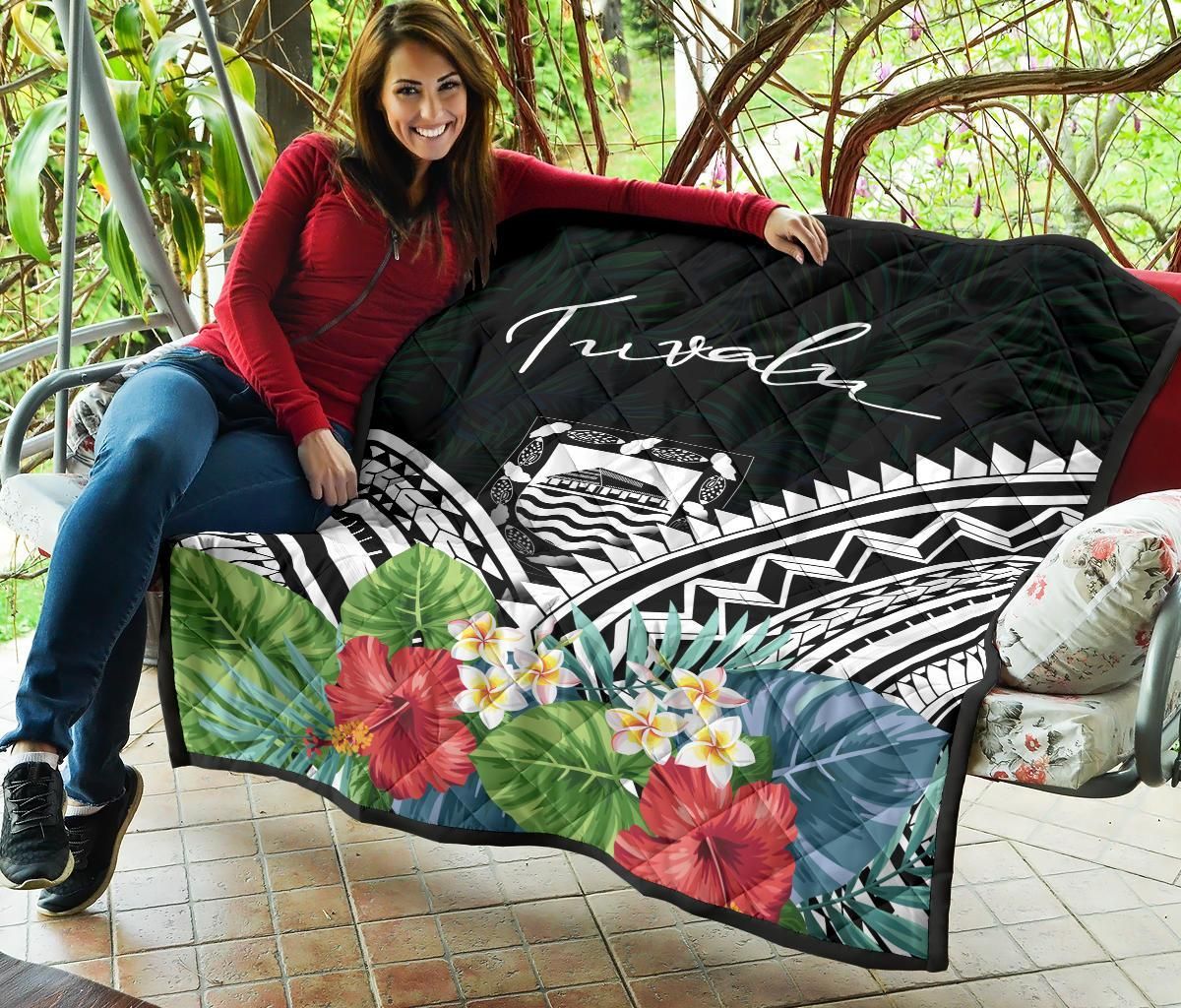 Tuvalu Premium Quilt - Tuvalu Coat of Arms & Polynesian Tropical Flowers White