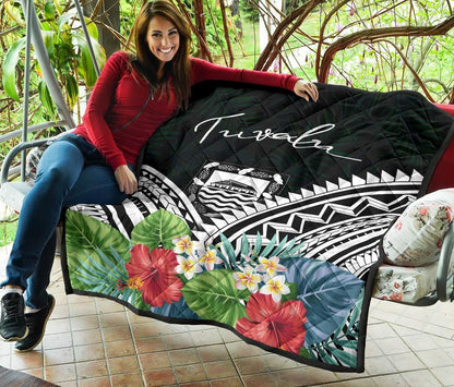 Tuvalu Premium Quilt - Tuvalu Coat of Arms & Polynesian Tropical Flowers White