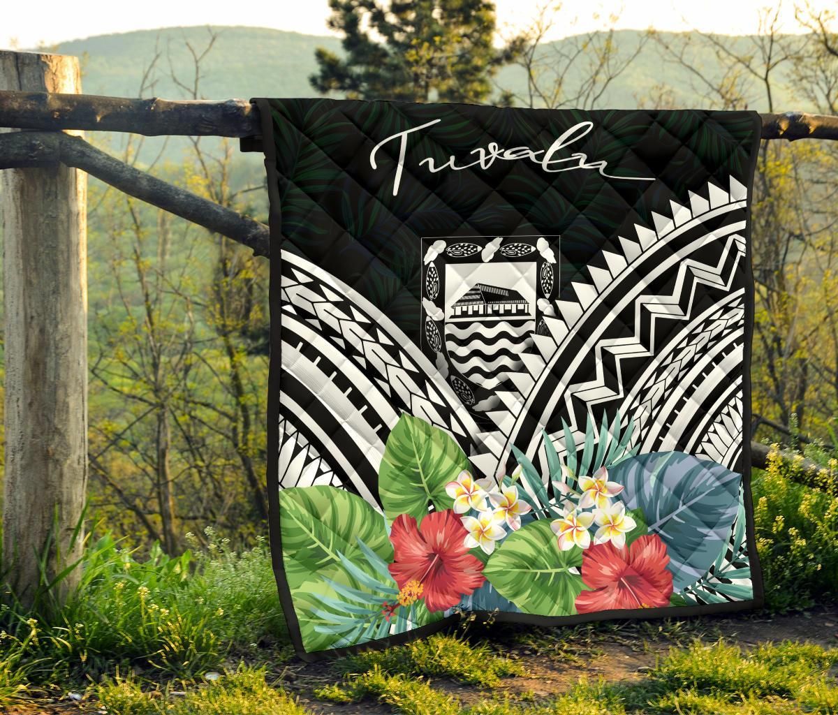 Tuvalu Premium Quilt - Tuvalu Coat of Arms & Polynesian Tropical Flowers White