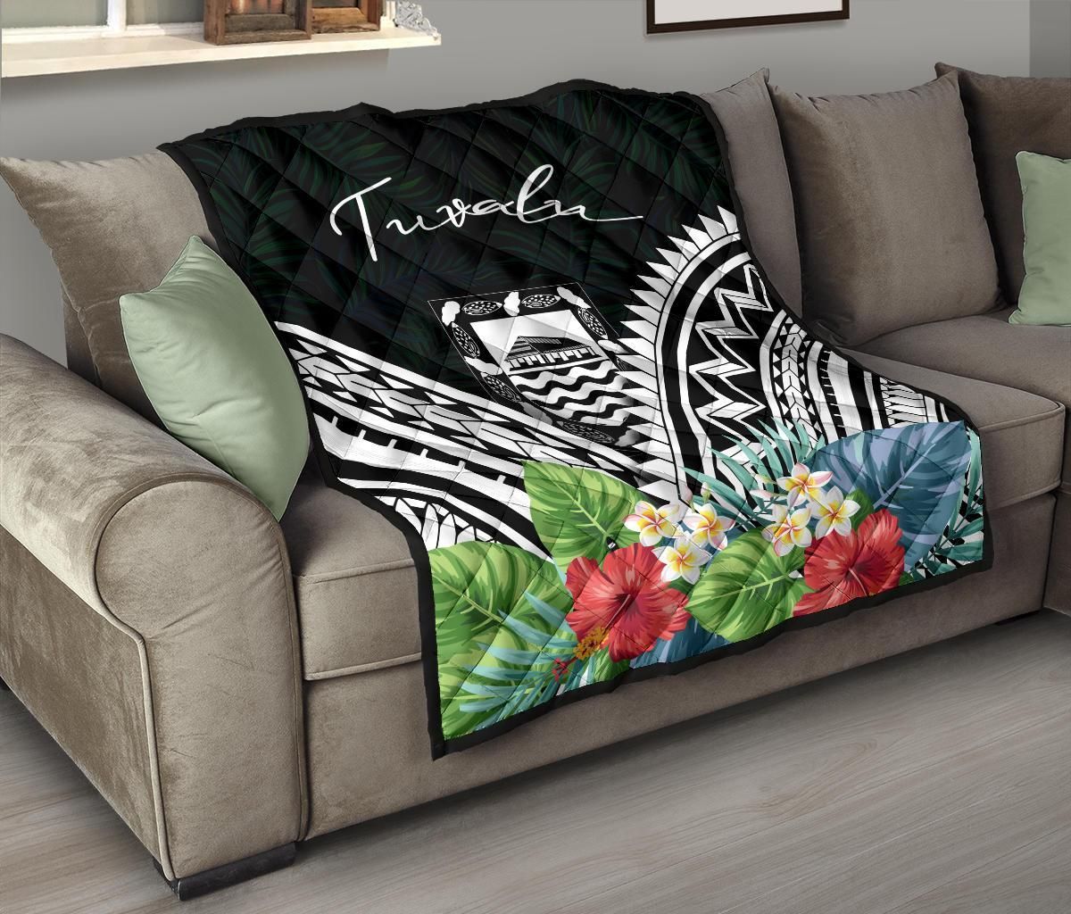 Tuvalu Premium Quilt - Tuvalu Coat of Arms & Polynesian Tropical Flowers White