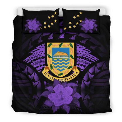 Tuvalu Duvet Cover Set - Tuvalu Coat Of Arms & Purple Hibiscus
