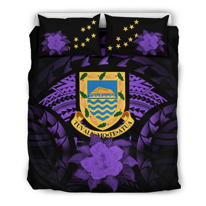 Tuvalu Duvet Cover Set - Tuvalu Coat Of Arms & Purple Hibiscus