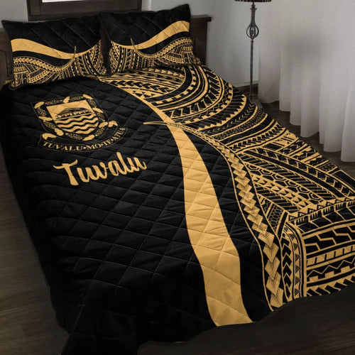 Tuvalu Quilt Bed Set - Gold Polynesian Tentacle Tribal Pattern