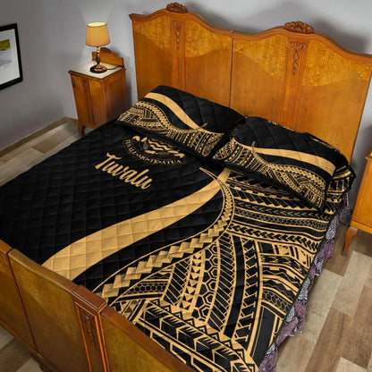 Tuvalu Quilt Bed Set - Gold Polynesian Tentacle Tribal Pattern