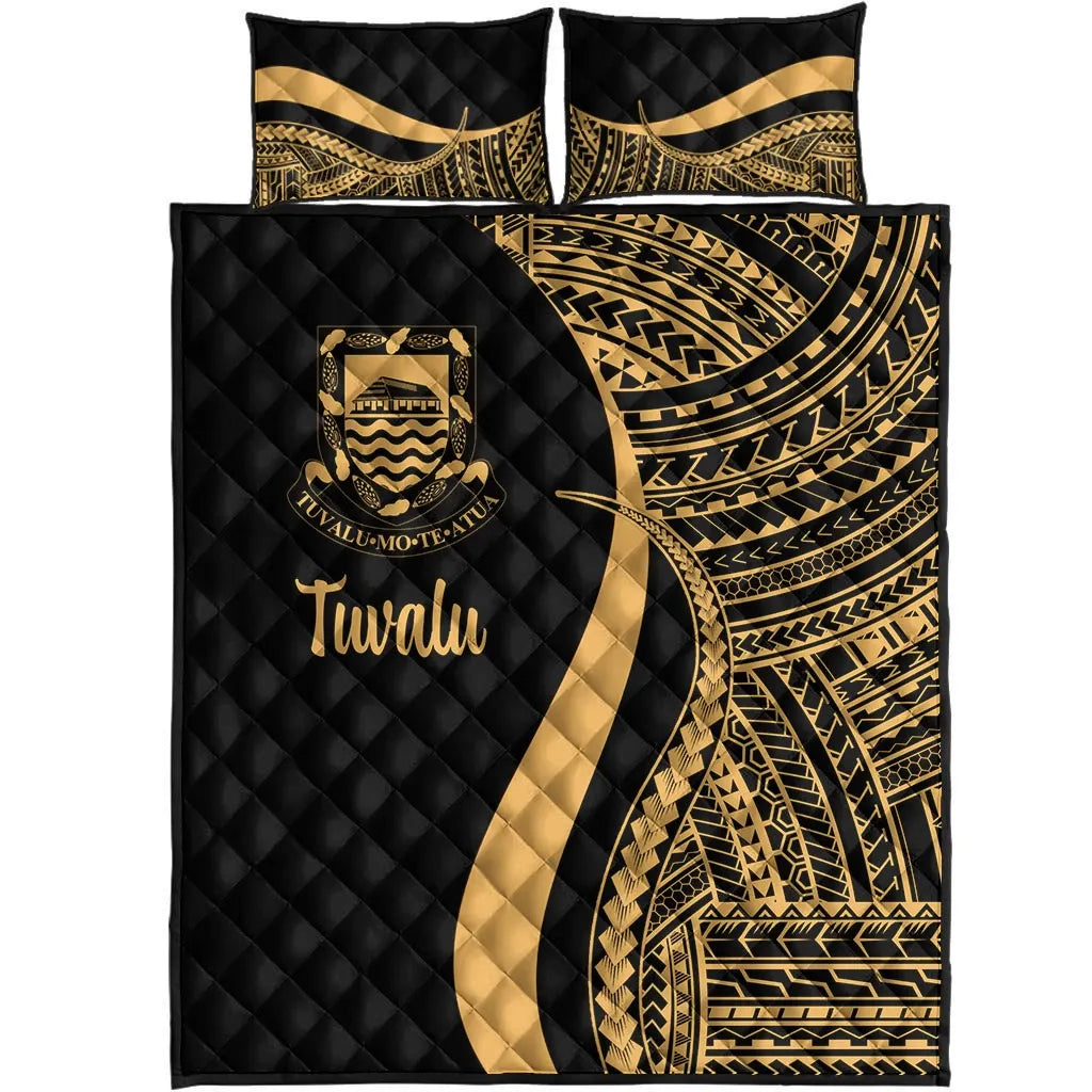 Tuvalu Quilt Bed Set - Gold Polynesian Tentacle Tribal Pattern