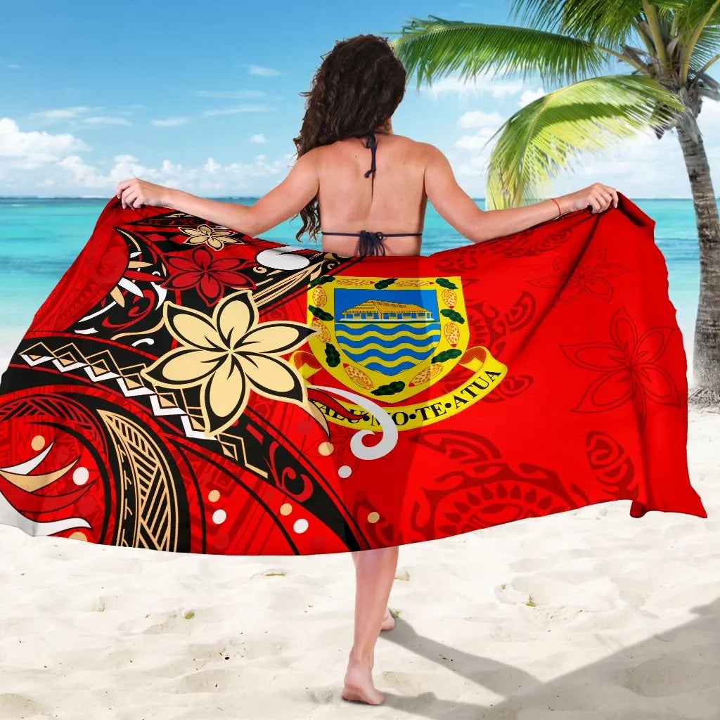 Tuvalu Sarong - Tribal Flower With Special Turtles Red Color