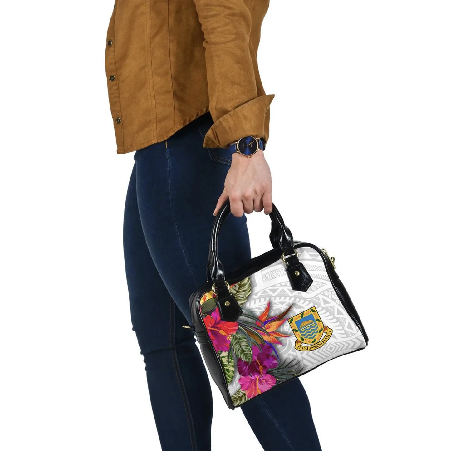 Tuvalu Shoulder Handbag Polynesian Hibiscus White Pattern