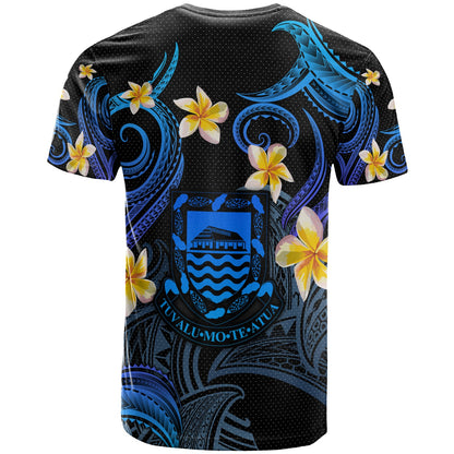 Tuvalu T-shirt - Custom Personalised Polynesian Waves with Plumeria Flowers (Blue)