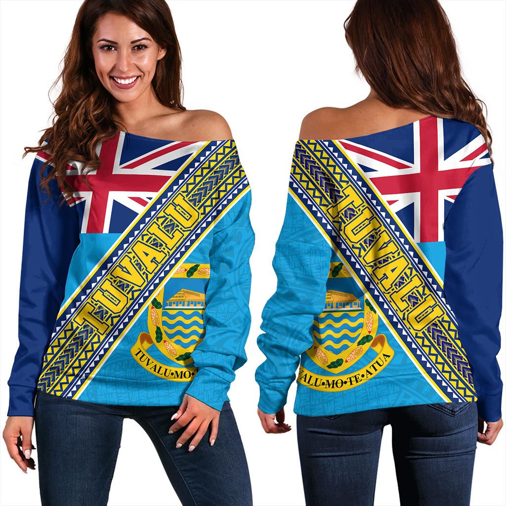 Tuvalu Off Shoulder Sweatshirt Flag And Coat Of Arms