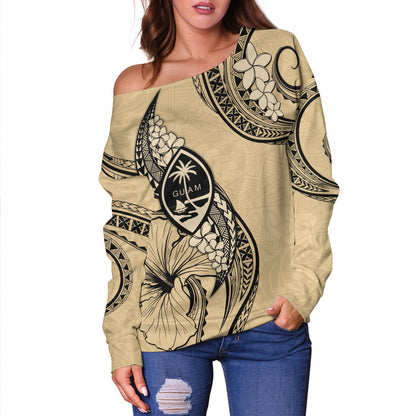 Guam Off Shoulder Sweatshirt Tribal Tropical Flower With Pattern Leaves