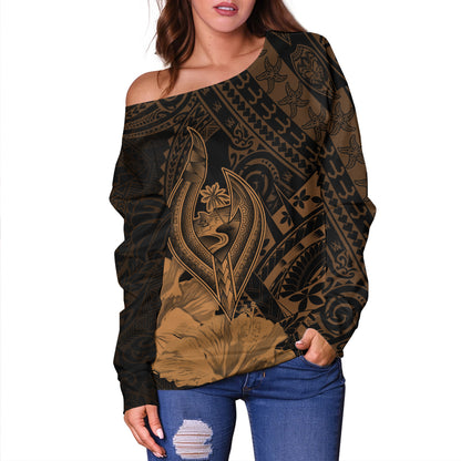 Guam Off Shoulder Sweatshirt Tribal Seal Hook Hibiscus Style