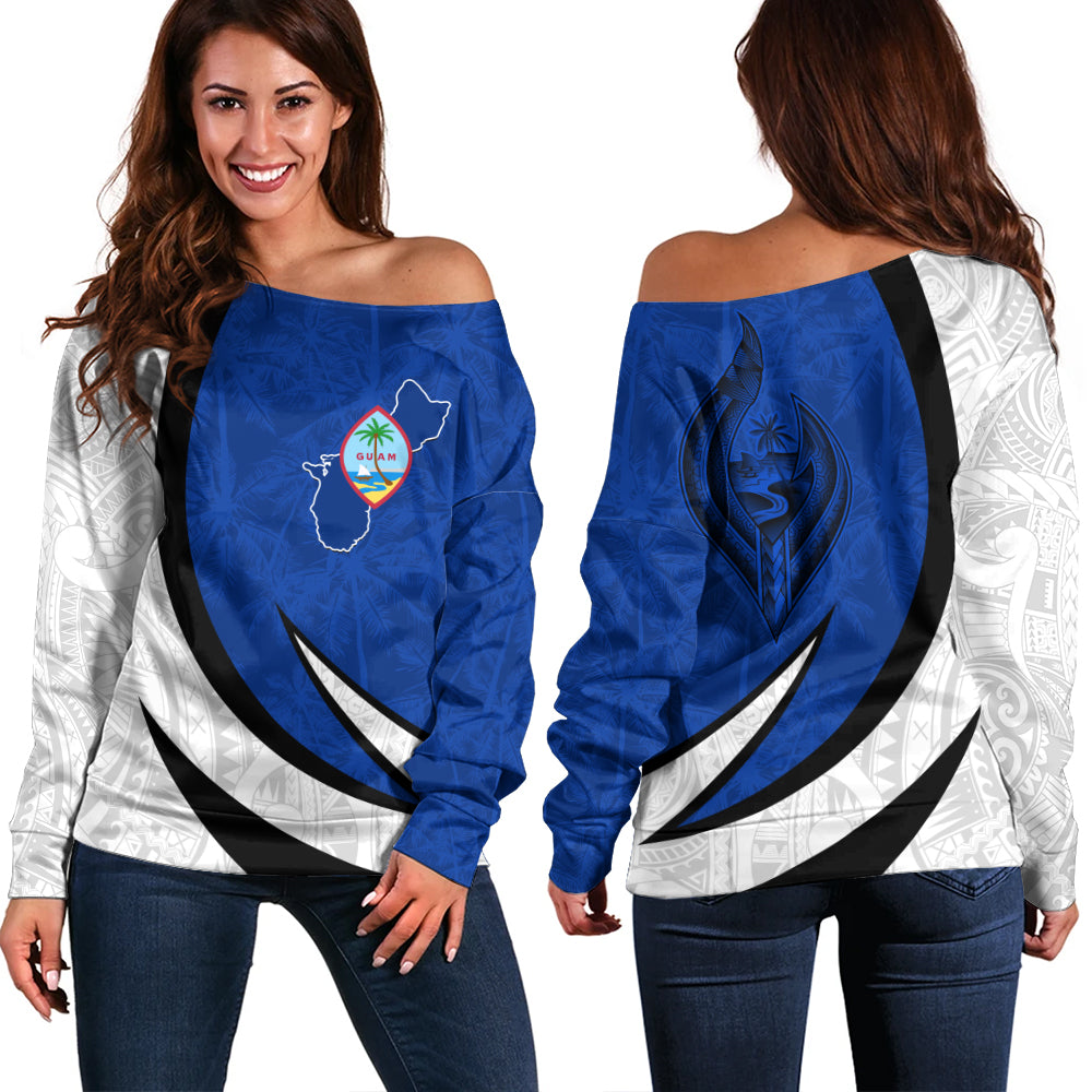 Guam Off Shoulder Sweatshirt Seal And Map Tribal Coconut Tree Pattern Circle Curve