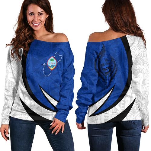 Guam Off Shoulder Sweatshirt Seal And Map Tribal Coconut Tree Pattern Circle Curve