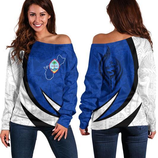 Guam Off Shoulder Sweatshirt Seal And Map Tribal Coconut Tree Pattern Circle Curve
