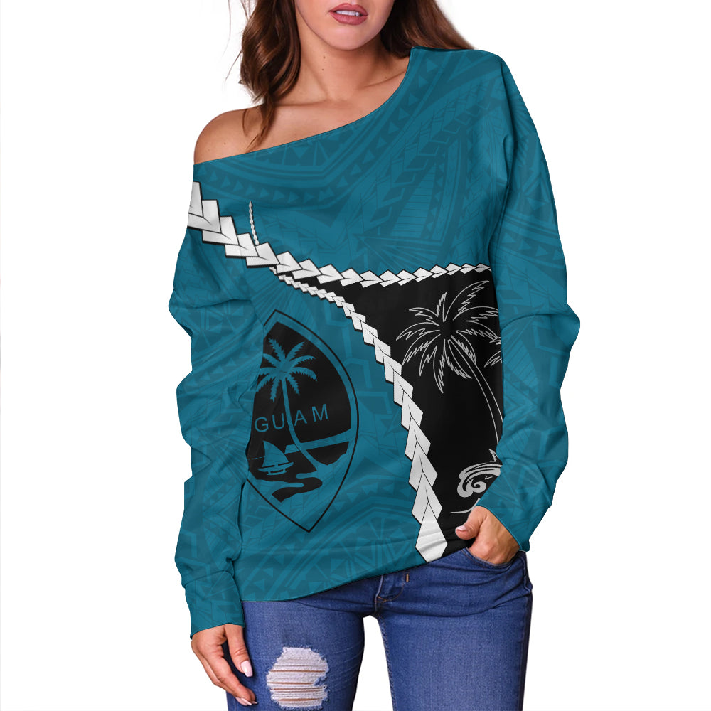 Guam Off Shoulder Sweatshirt Tribal Spirits Coconut Tree