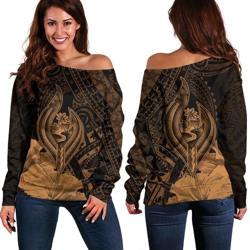 Guam Off Shoulder Sweatshirt Tribal Seal Hook Hibiscus Style