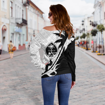 Guam Off Shoulder Sweatshirt Custom Tribal Coconut Tree Half Style