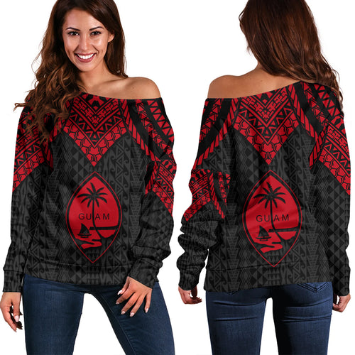 Guam Off Shoulder Sweatshirt Polynesian Armor Style Red