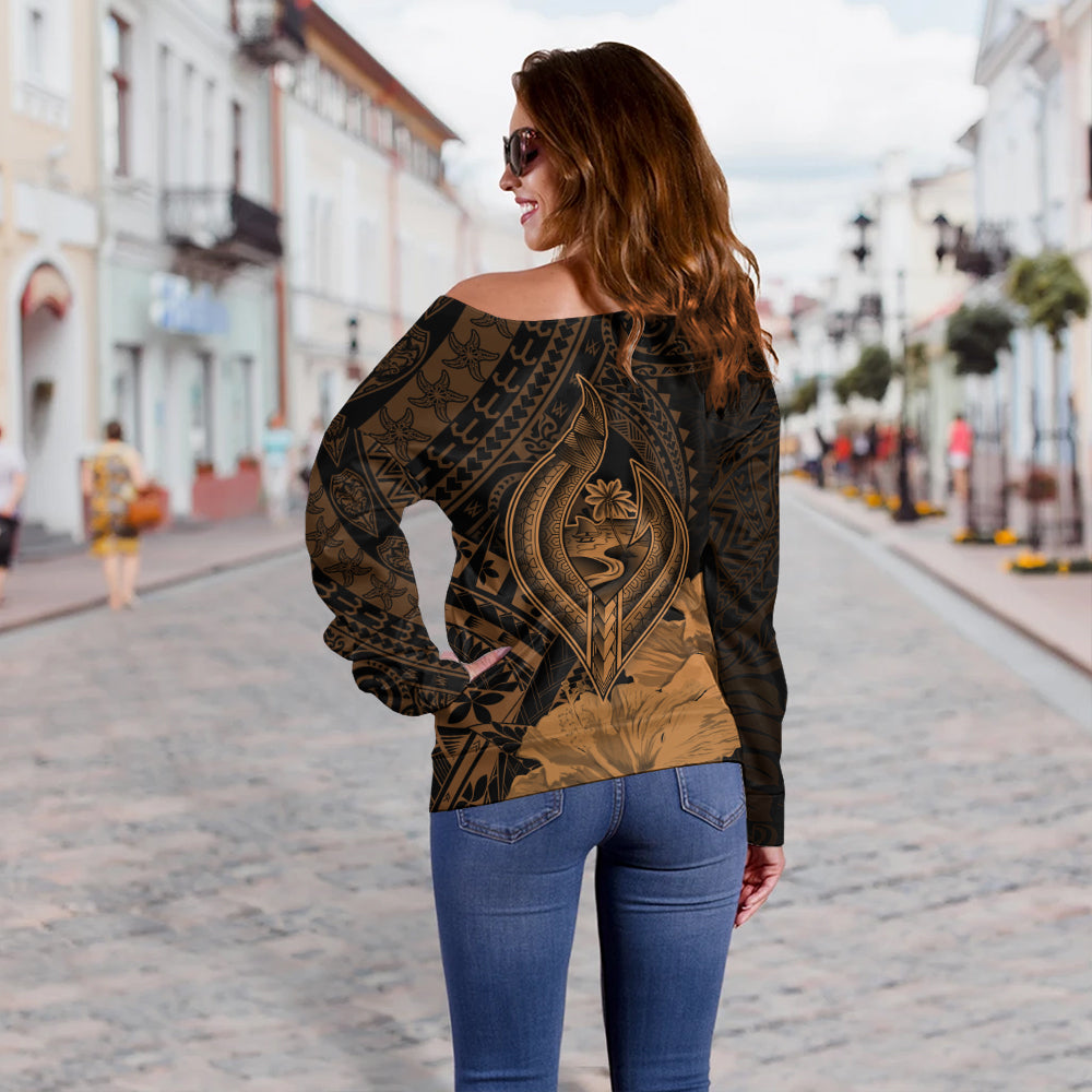 Guam Off Shoulder Sweatshirt Tribal Seal Hook Hibiscus Style