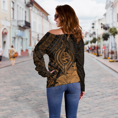 Guam Off Shoulder Sweatshirt Tribal Seal Hook Hibiscus Style