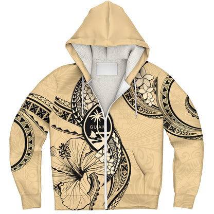 Guam Sherpa Hoodie Tribal Tropical Flower With Pattern Leaves