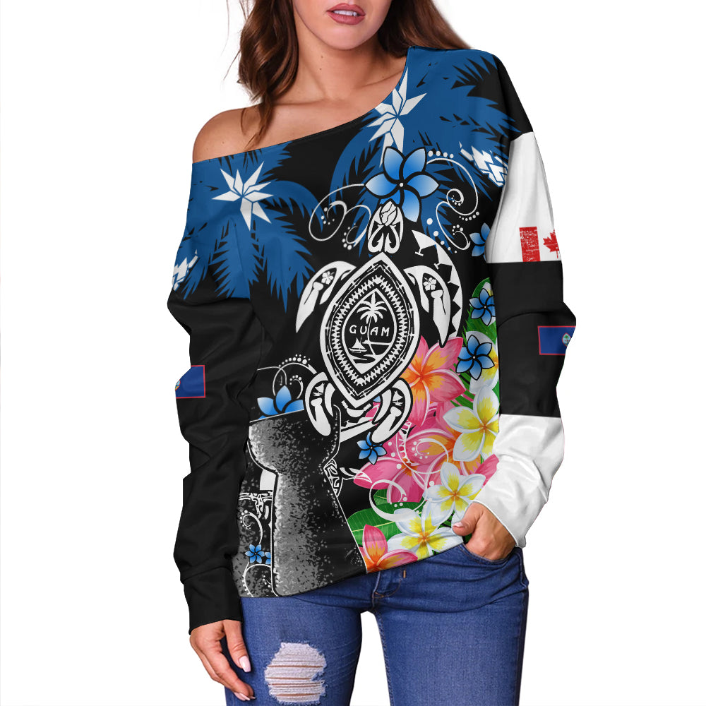 Guam Off Shoulder Sweatshirt Chamorro With Seal Turtle Coconut Tree
