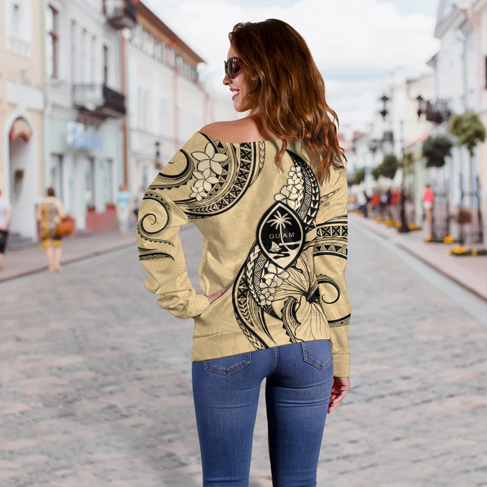 Guam Off Shoulder Sweatshirt Tribal Tropical Flower With Pattern Leaves