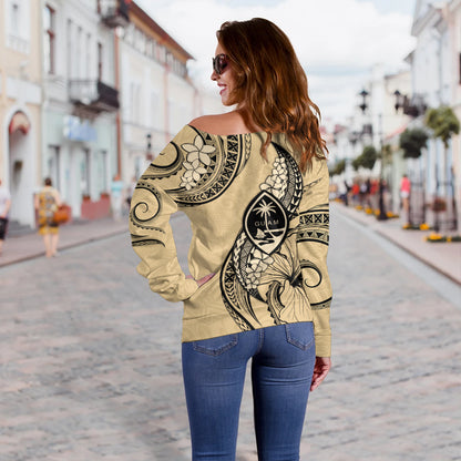 Guam Off Shoulder Sweatshirt Tribal Tropical Flower With Pattern Leaves
