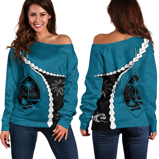Guam Off Shoulder Sweatshirt Tribal Spirits Coconut Tree