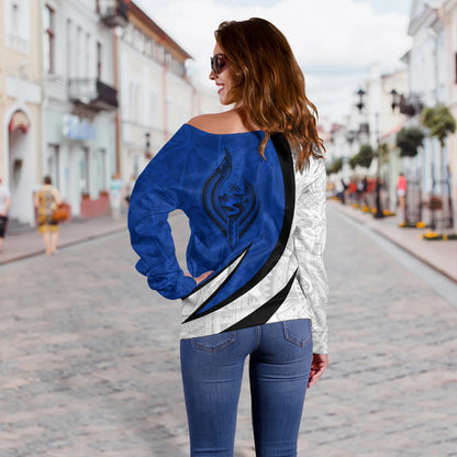 Guam Off Shoulder Sweatshirt Seal And Map Tribal Coconut Tree Pattern Circle Curve