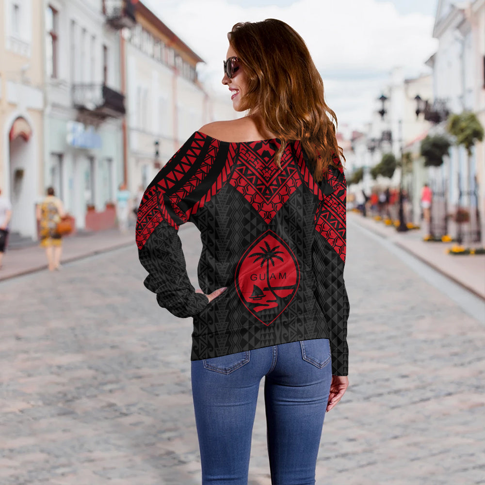 Guam Off Shoulder Sweatshirt Polynesian Armor Style Red