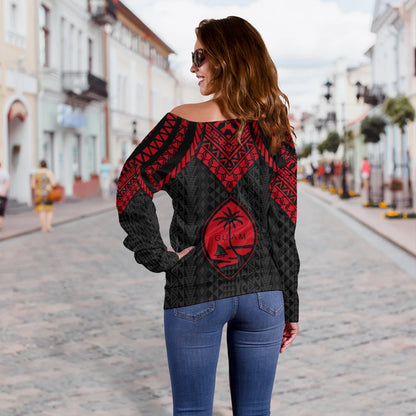 Guam Off Shoulder Sweatshirt Polynesian Armor Style Red