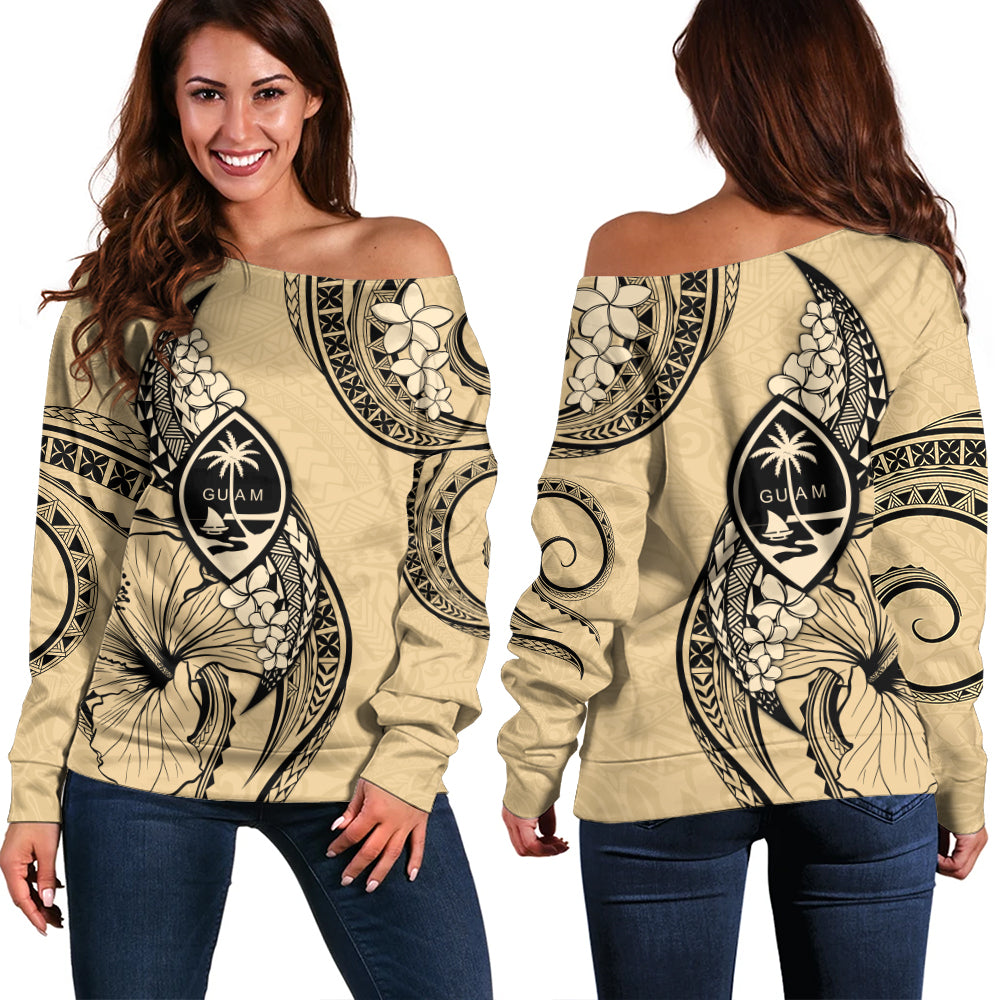 Guam Off Shoulder Sweatshirt Tribal Tropical Flower With Pattern Leaves
