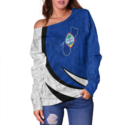 Guam Off Shoulder Sweatshirt Seal And Map Tribal Coconut Tree Pattern Circle Curve