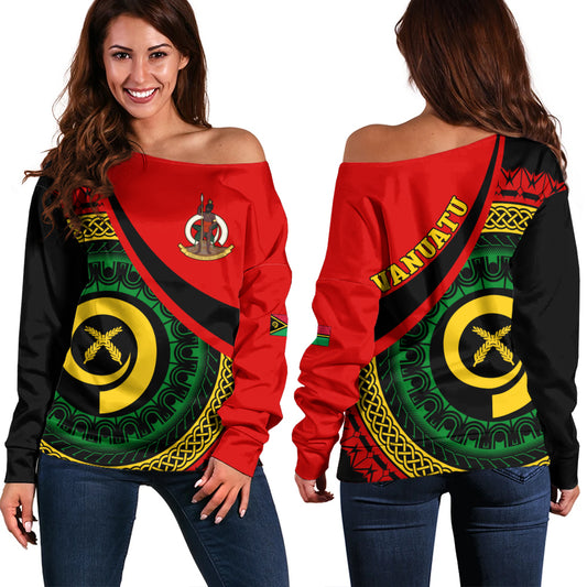 Vanuatu Off Shoulder Sweatshirt Custom Melanesian Tribal Circle Tattoo Style