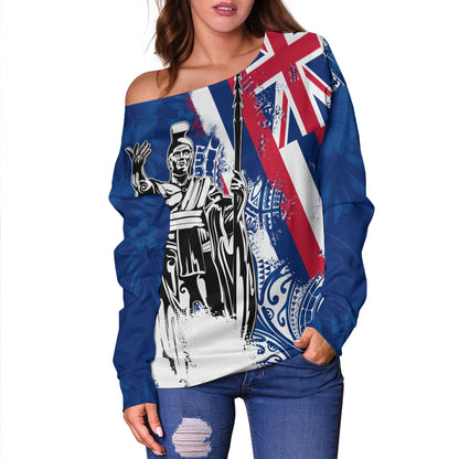 Hawaii Off Shoulder Sweatshirt King Kamehameha I Flag Tropical