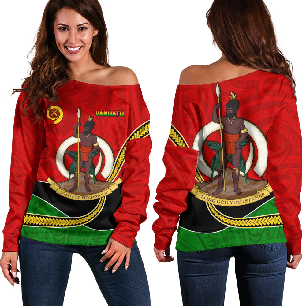Vanuatu Off Shoulder Sweatshirt Melanesian Spirit Totem Art