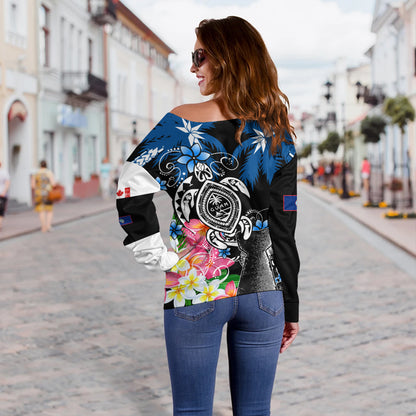 Guam Off Shoulder Sweatshirt Chamorro With Seal Turtle Coconut Tree