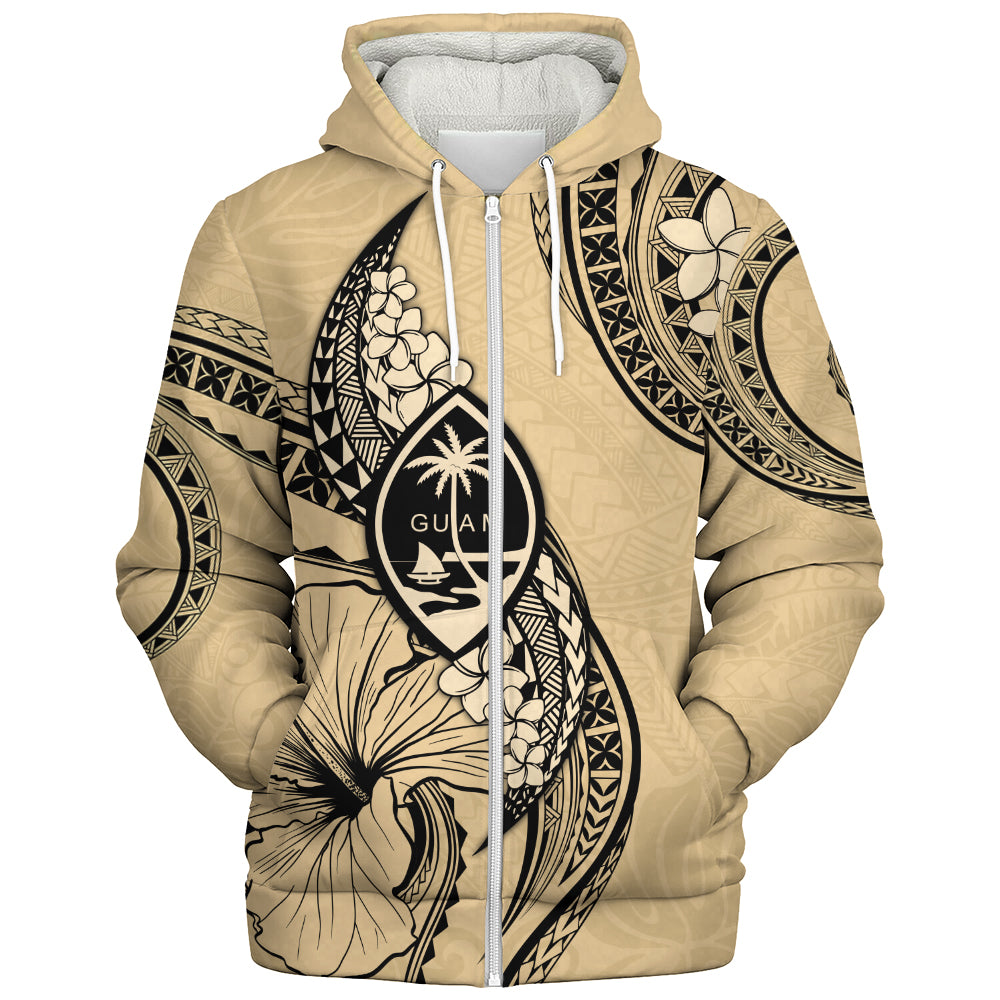 Guam Sherpa Hoodie Tribal Tropical Flower With Pattern Leaves