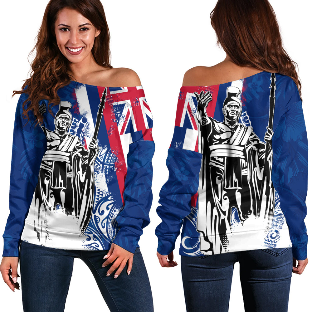 Hawaii Off Shoulder Sweatshirt King Kamehameha I Flag Tropical