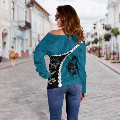 Guam Off Shoulder Sweatshirt Tribal Spirits Coconut Tree