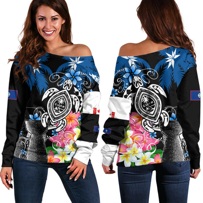 Guam Off Shoulder Sweatshirt Chamorro With Seal Turtle Coconut Tree