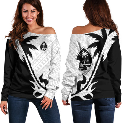 Guam Off Shoulder Sweatshirt Custom Tribal Coconut Tree Half Style